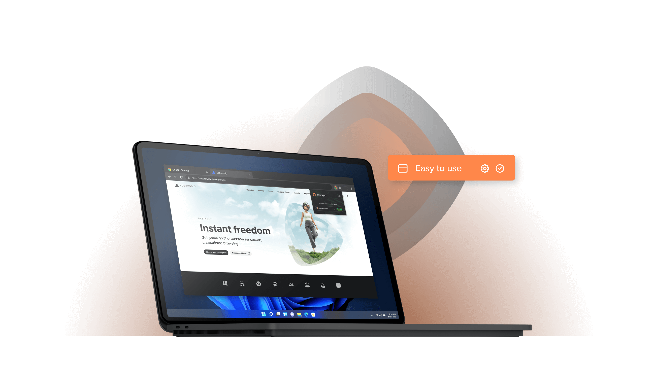 Portátil a mostrar o site do FastVPN Chrome com o banner Liberdade instantânea.