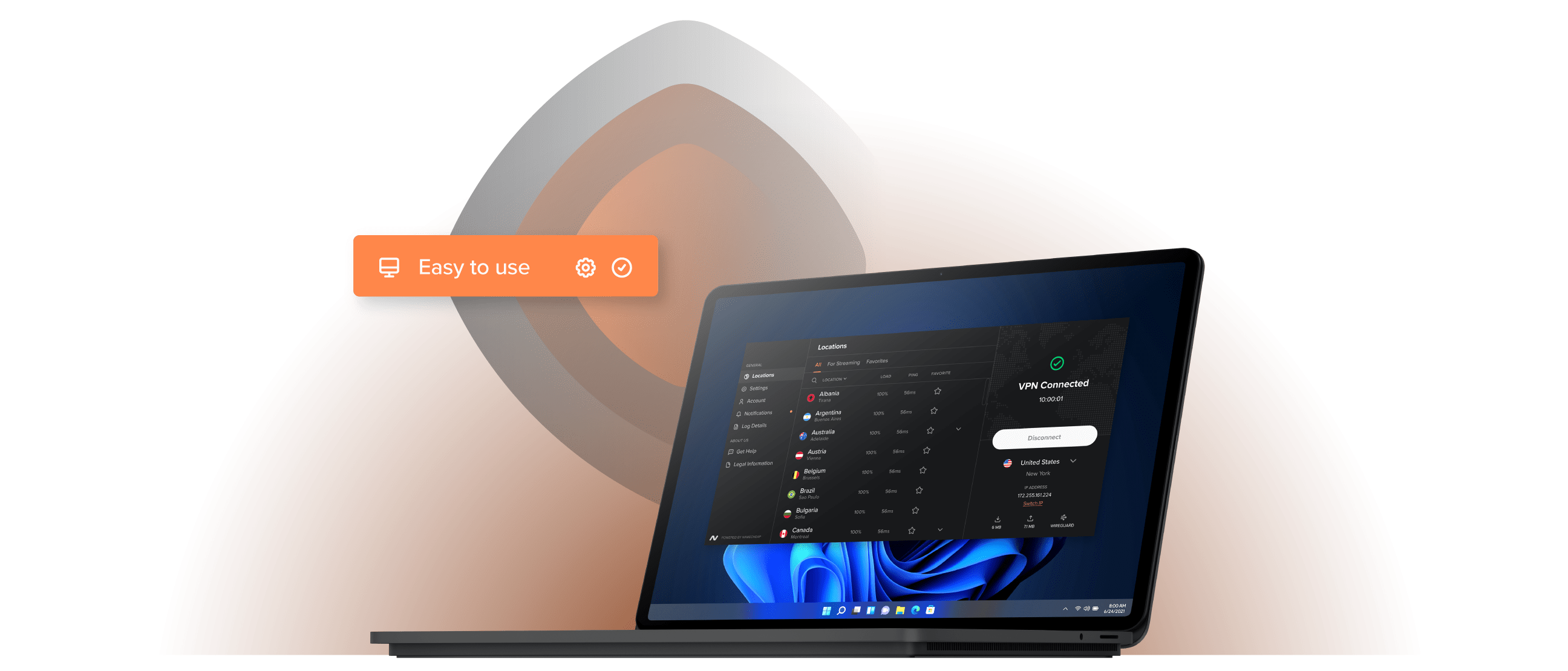 Laptop showing FastVPN for Windows connected with a simple, easy to use interface.