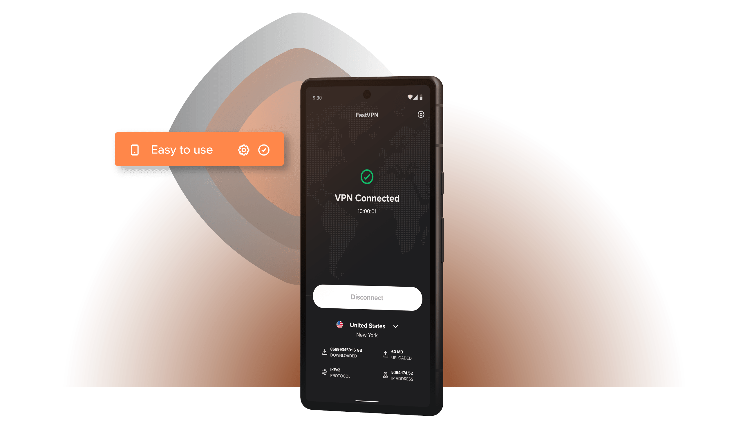 Ecrã da app VPN a mostrar “VPN Ligada” num telemóvel Android; configuração simples, fácil de usar.