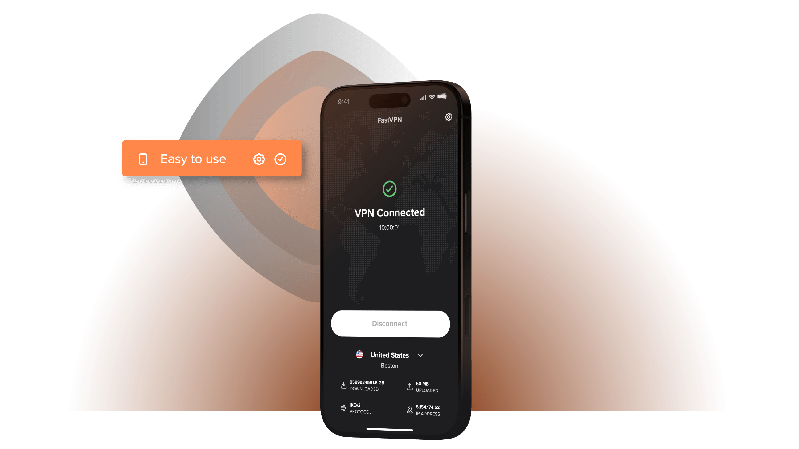 Schermata dell'app VPN per iOS che mostra “VPN connessa” su un iPhone; configurazione semplice, facile da usare.