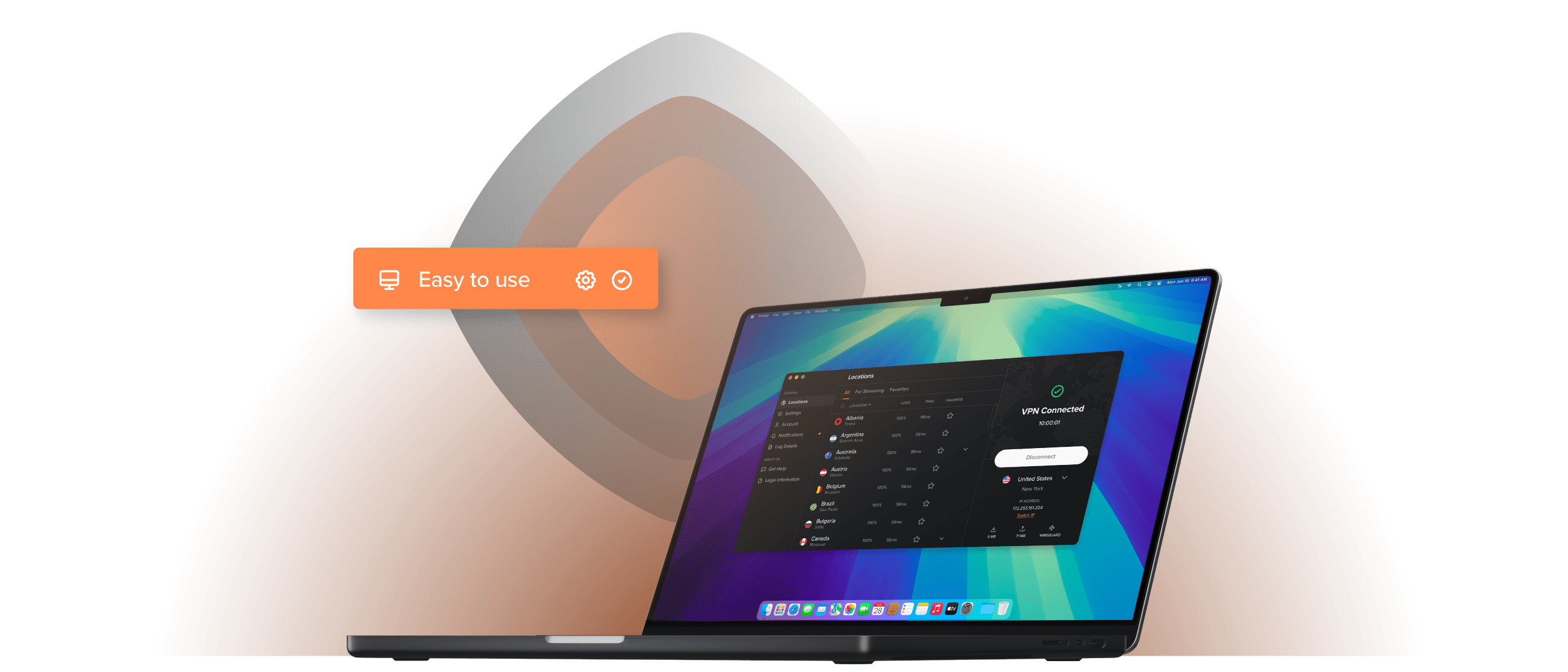 แล็ปท็อปแสดงแอป VPN บน macOS ที่เชื่อมต่อแล้ว — ตั้งค่าง่ายพร้อมรายชื่อเซิร์ฟเวอร์และป้าย “ใช้งานง่าย”