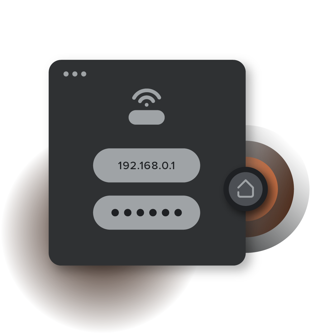Minh họa cài đặt FastVPN trên bộ định tuyến - màn hình quản trị bộ định tuyến với biểu tượng Wi-Fi, địa chỉ IP và các dấu chấm mật khẩu.