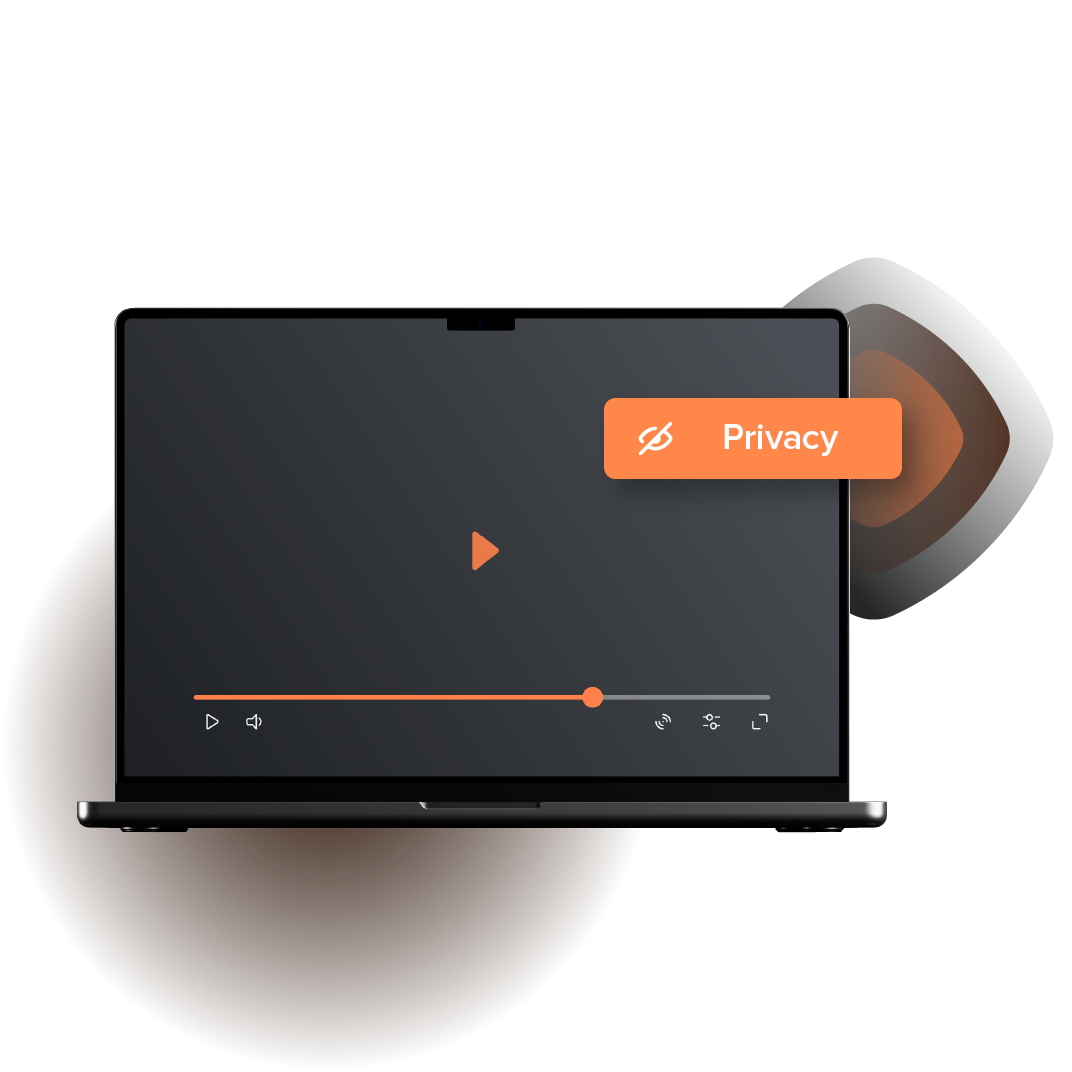 Minh họa FastVPN - laptop đang truyền phát video với huy hiệu Quyền riêng tư.