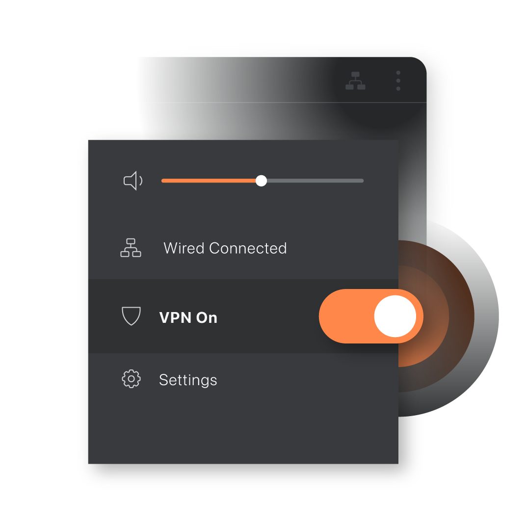 FastVPN Linux UI – панел за бързи настройки с активиран превключвател VPN On и статус на кабелна връзка.