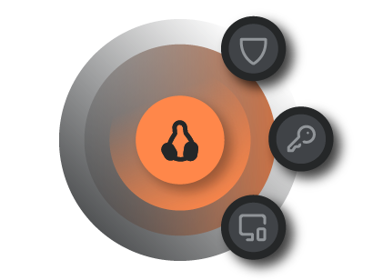 FastVPN Linux графика – лого със символи за сигурност, ключ и устройства около него.