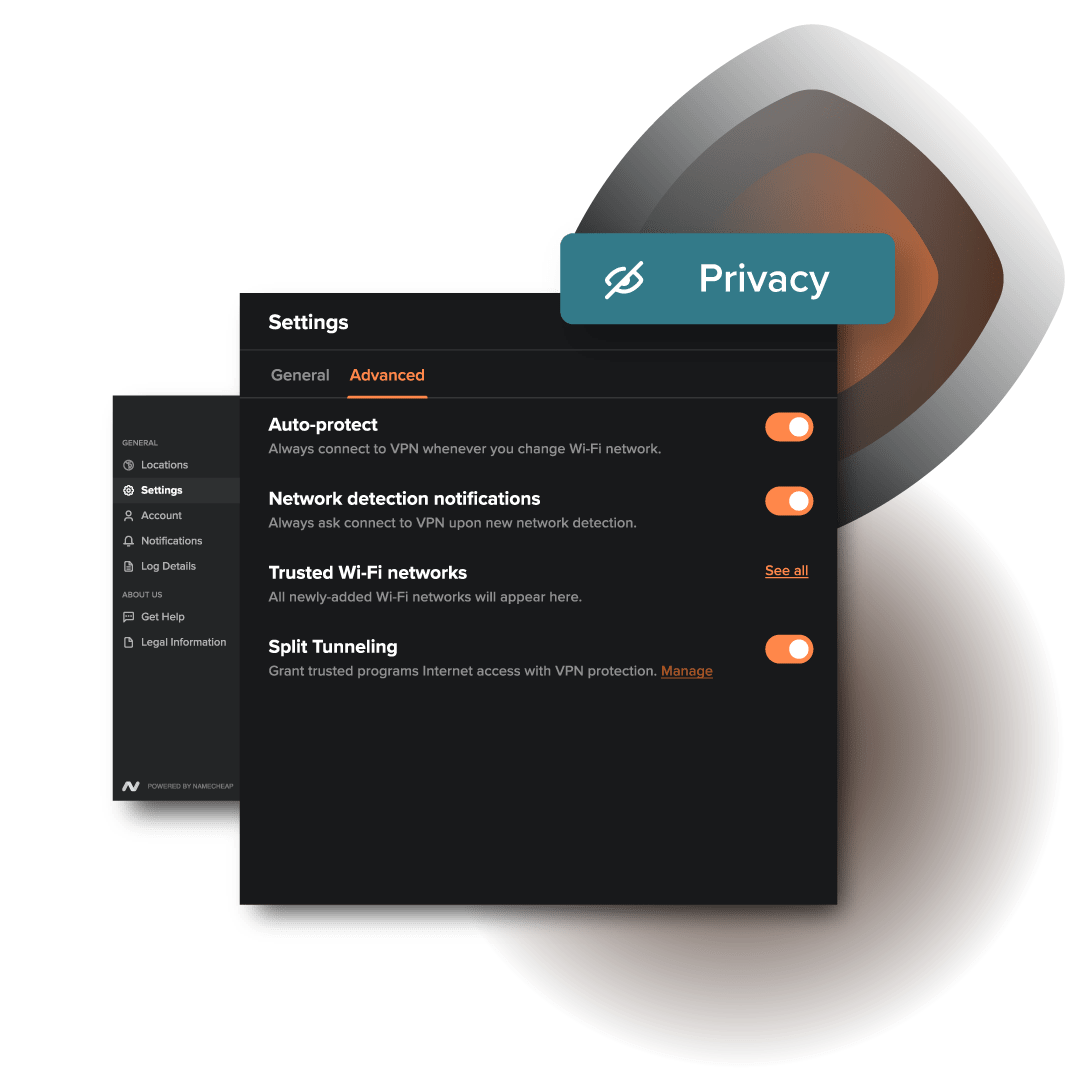 แผงการตั้งค่า VPN บน Mac แสดงการควบคุมความเป็นส่วนตัว: kill switch, ป้องกันอัตโนมัติ, Wi-Fi ที่เชื่อถือได้, split tunneling และตัวบล็อกโฆษณา