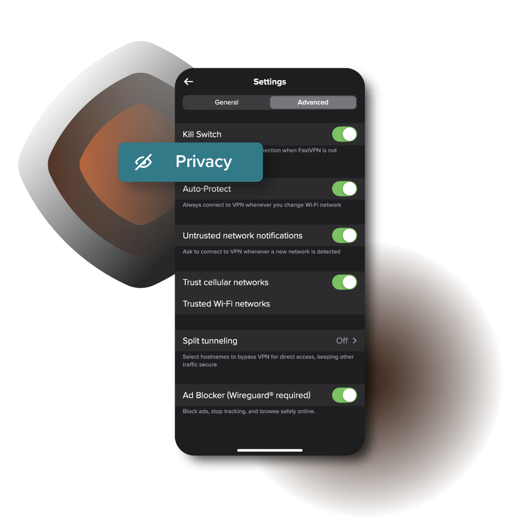 Schermata iPhone con impostazioni privacy VPN per auto-protezione, Wi-Fi affidabile, split tunneling e blocco annunci.