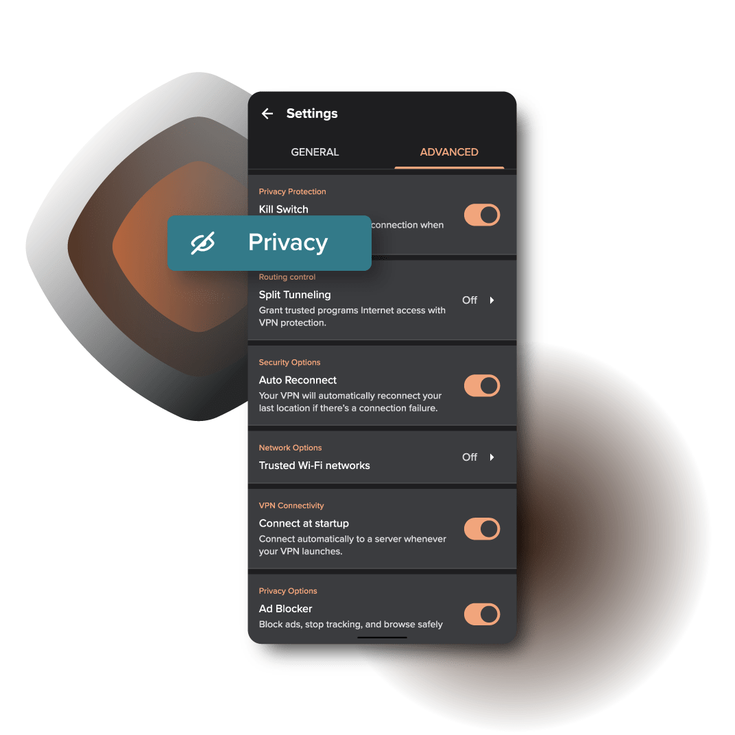 Ecrã de definições VPN no Android com opções de Privacidade incluindo Kill Switch, Divisão de Túnel, Ligação Automática, Protocolo VPN e Bloqueador de Anúncios.