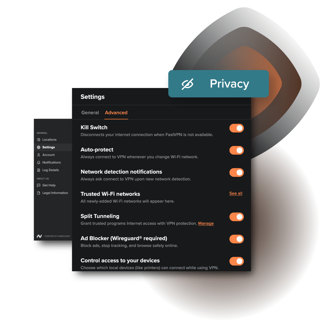 FastVPN for Windows settings: kill switch, auto-protect, split tunneling, and ad blocker.