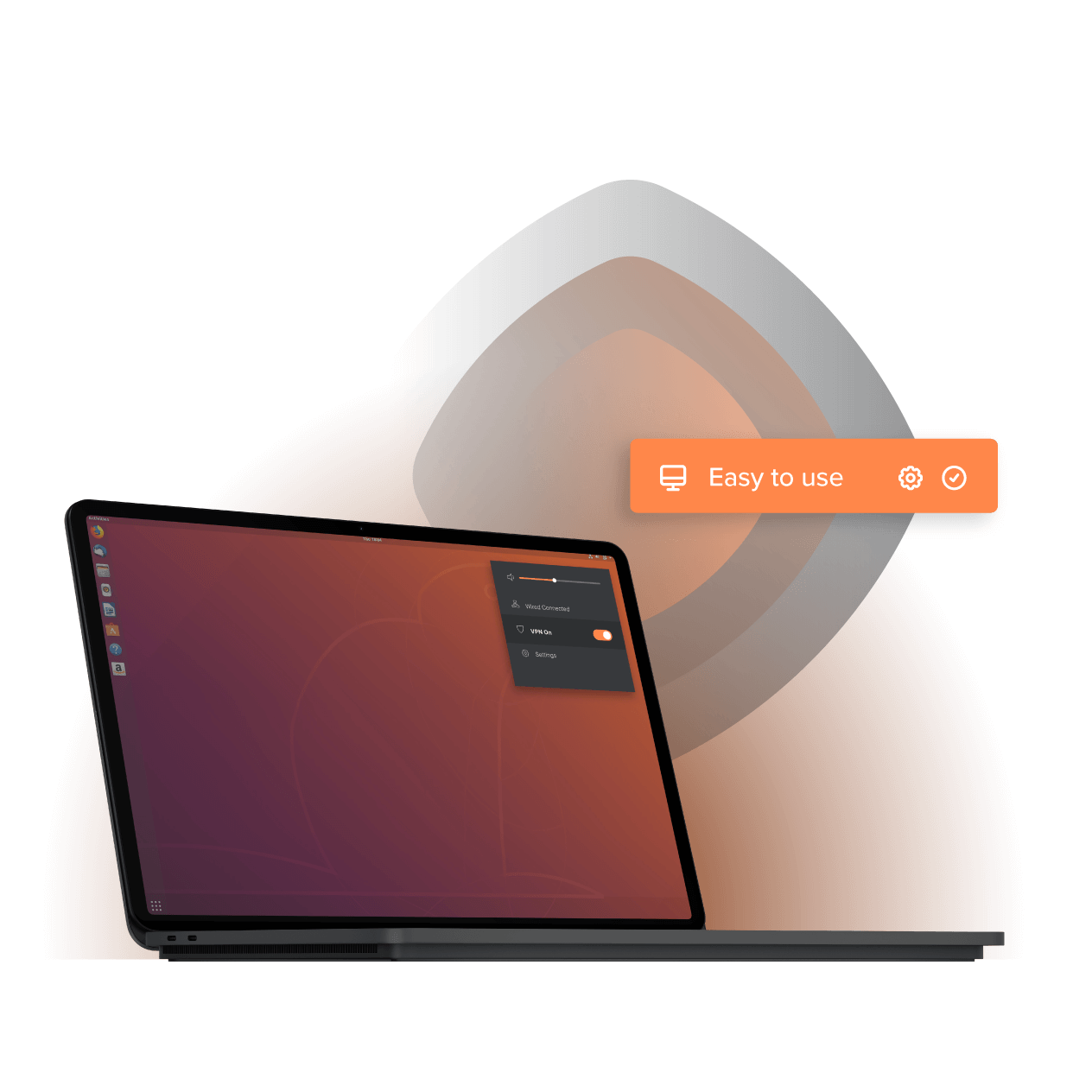 Илюстрация за настройка на FastVPN – лаптоп с Ubuntu десктоп и прозорец на приложението FastVPN