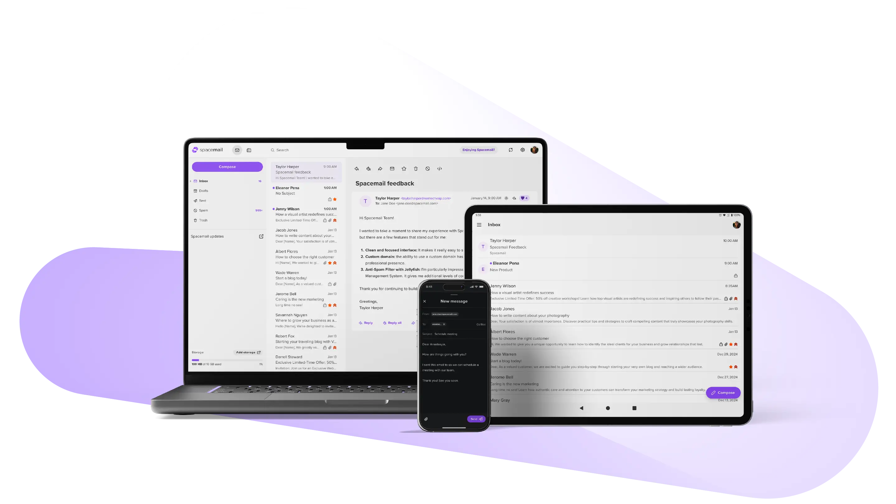 Funciones de correo Spacemail | Correo empresarial con calendario y app ...